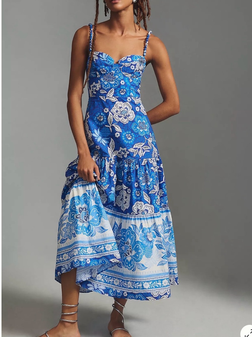 FARM Rio Blue & White Floral Tiered Maxi Dress